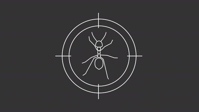 Animated ant scope white icon. Roach bug line animation. Crosshair focusing. Termites control, house parasite. Isolated illustration on dark background. Transition alpha video. Motion graphic
