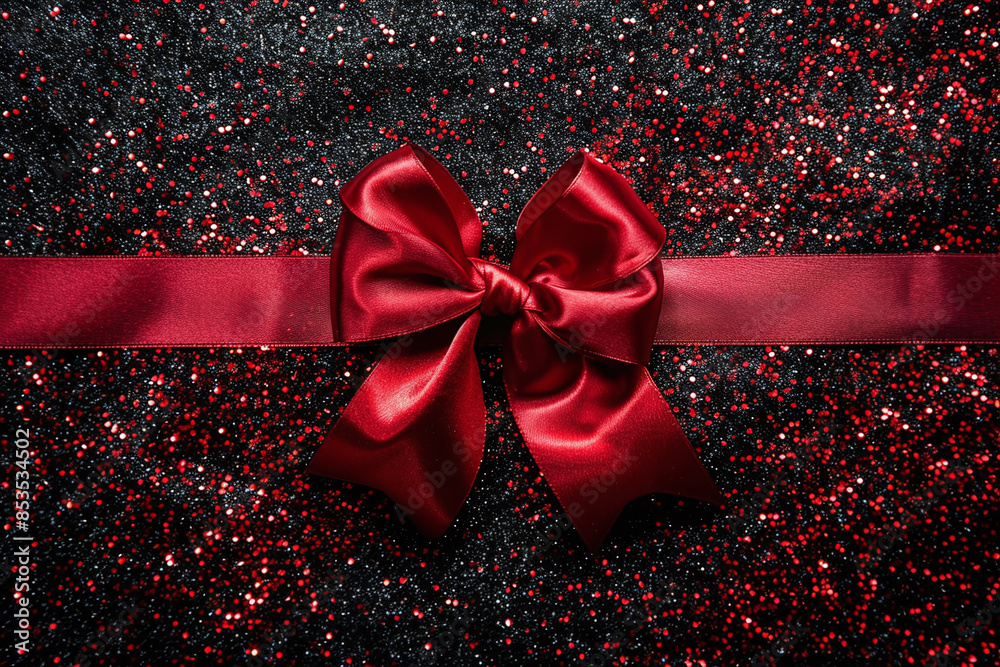 Wall mural red ribbon and bow with gold sparkles on black and red background