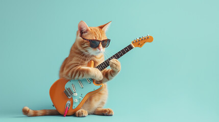 Guitarist cat isolated on light blue background, Animal photography