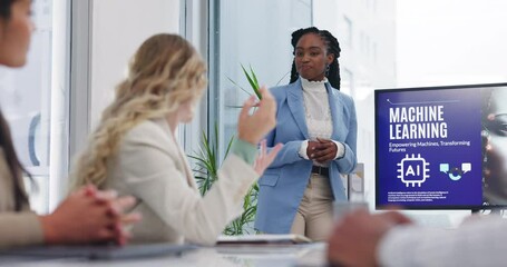 Questions, presentation or woman in meeting, machine learning or screen with info session. Group, office or presenter with corporate training, professional or system development with compliance or ai