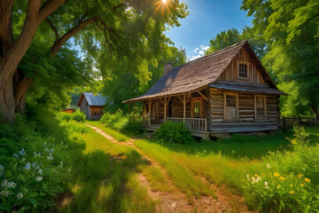 Fototapeta premium A rural house beside a green environment 