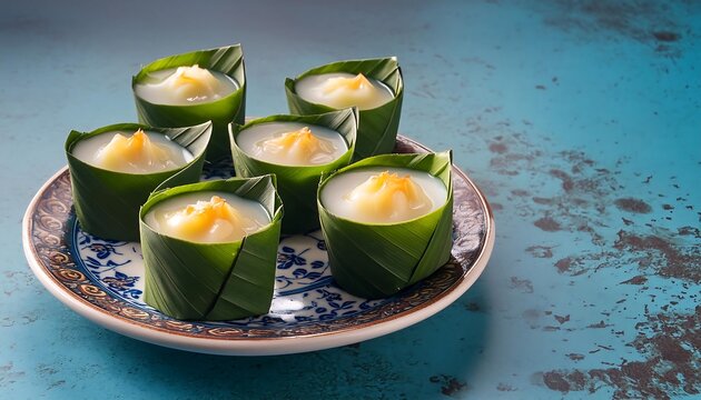 Tako, thai dessert, Thai coconut cream jelly in small pandan leaf cups