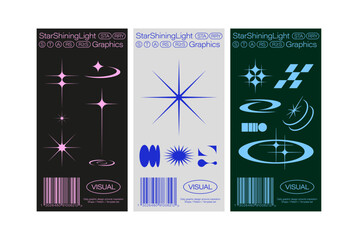 Ticket label receipt print y2k elements simple star futuristic shapes remix shining light sparkle bling barcode layout graphic design template set banner flyer web mobile contents digital logo minima