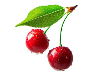 Two fresh juicy cherries with green leaves isolated on a white background, Perfect for healthy snacks.