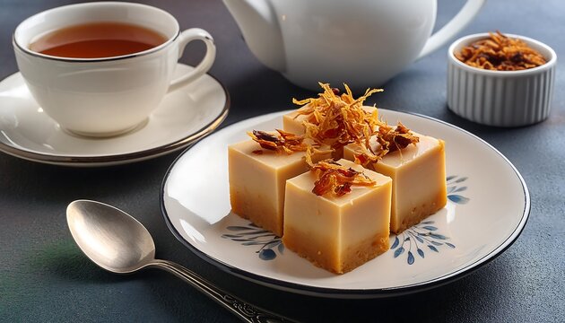 Khanom Mo Kaeng in a square cut, topped with fried shallots