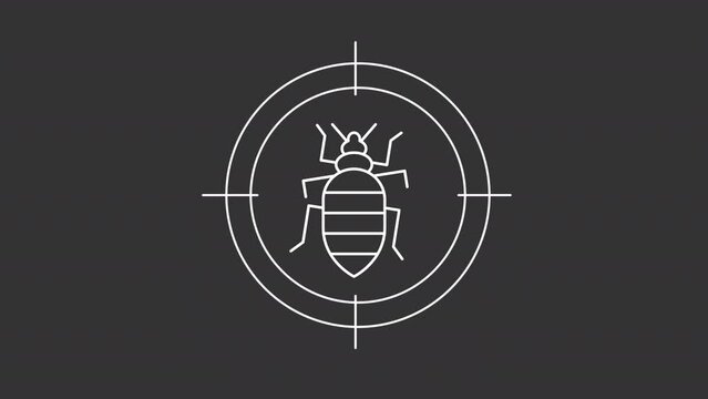 Animated bedbug white icon. Termites control line animation. Moving crosshair, focusing. House parasite, infestation. Isolated illustration on dark background. Transition alpha video. Motion graphic
