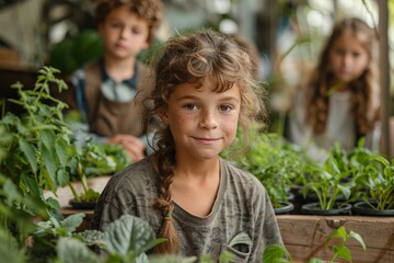 Fototapeta premium Young girl with braided hair in greenhouse setting with other children, Kids learning about plants, sustainability, environment, educational activity on climate change, ecological stewardship.