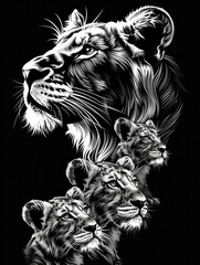 Obraz premium Lioness with lion cubs, image as a tattoo template on black background