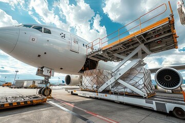Fototapeta premium Commercial airplane being loaded with cargo containers at a busy airport