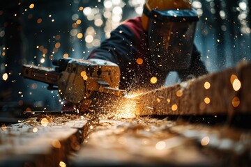 Close-up of a vigorous chainsaw cutting through wood with sparks flying