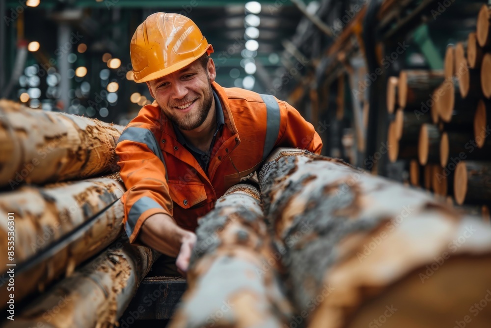 Wall mural Industrial worker in orange uniform and helmet examining logs at a timber warehouse