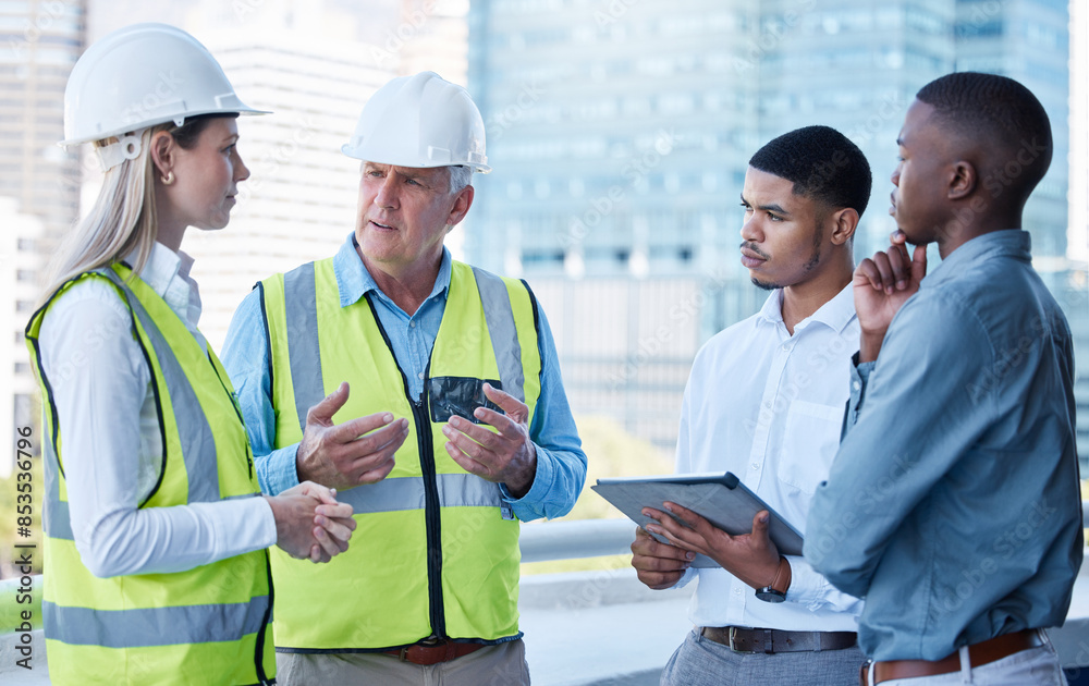 Poster planning, woman and men in discussion for architecture, meeting and digital app at construction site