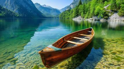 Obraz premium The boat is parked on the clear lake water, surrounded by green mountains and forests. The wooden canoe has two seats in front of each other with an empty bottom area for fishing or exploring.