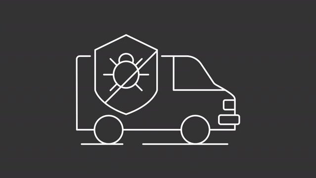 Animated pest truck white icon. Termite control service line animation. Moving automobile. Bug extermination. Isolated illustration on dark background. Transition alpha video. Motion graphic