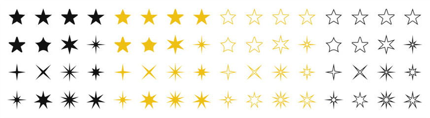 Stars collection. Star vector icons. Golden, Black, Line set of Stars, isolated on transparent background. Stars icon. Vector