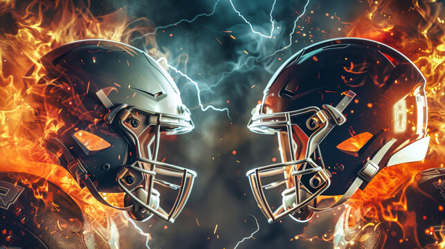 Two football helmets, one silver and one black, face each other amidst flames and lightning, symbolizing the intense rivalry and passion of the game