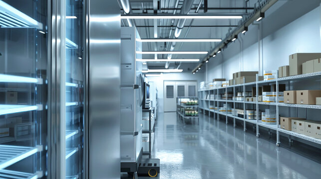 An industrial refrigeration room with rows of large, stainless-steel freezers and storage shelves holding boxes of food