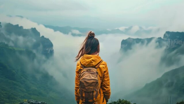 A young woman is in a national park, taking in the scenery. Young traveler on a solo backpacking trip. Holiday, journey, and vacation notions of adventure and restlessness.