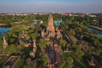 Aerial view of sunset at Wat Phra Ram in Phra Nakhon Si Ayutthaya, Historic park in Thailand.