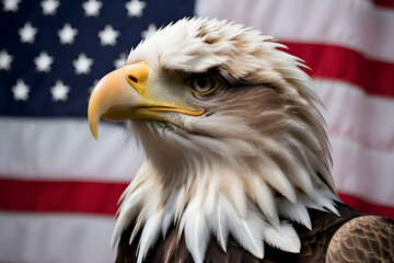 Bald eagle, against the background of the American flag, symbol of the 4th of July Independence Day