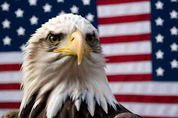 Bald eagle, against the background of the American flag, symbol of the 4th of July Independence Day