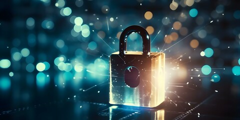 The Significance of the Top Lock Among Glowing Lights in Digital Security for Connected Networks. Concept Digital Security, Connected Networks, Top Lock, Glowing Lights, Significance