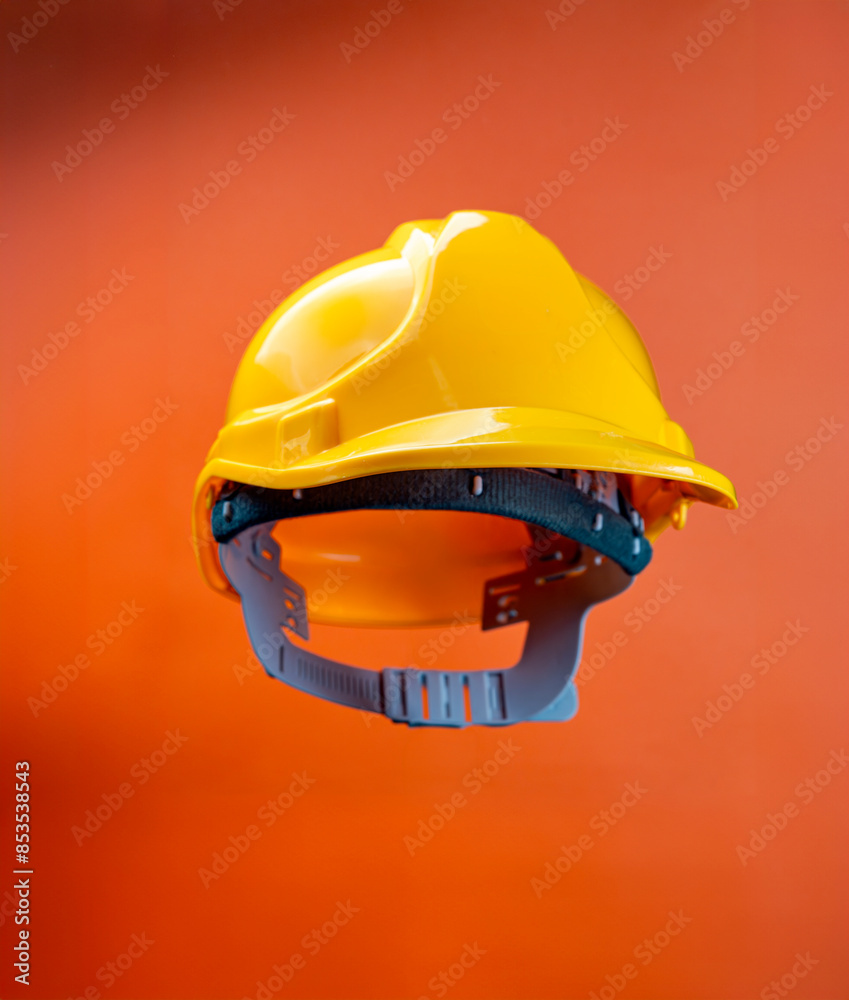 Wall mural Yellow hard hat for construction workers. Protective clothing and accessories for employees. color background studio shot