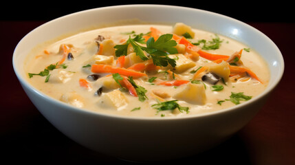 Savor a homemade salmon chowder with tender fish, potatoes, and veggies  a comforting dish for cold days.
