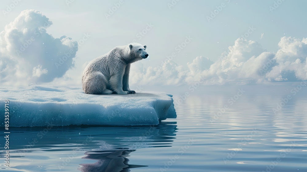 Wall mural A lone white bear is floating on an ice floe in the middle of the northern ocean. The concept of global warming.