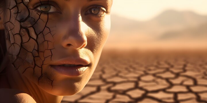 Resemblance of a woman with dry skin to parched Earth without water and moisture. Concept Dry Skin, Skin Care, Parched Earth, Hydration, Moisturization