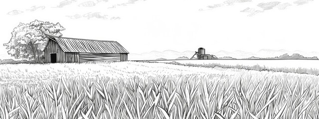 Panoramic view of an agricultural field with wheat in the background and a wooden barn. Sketch illustration.