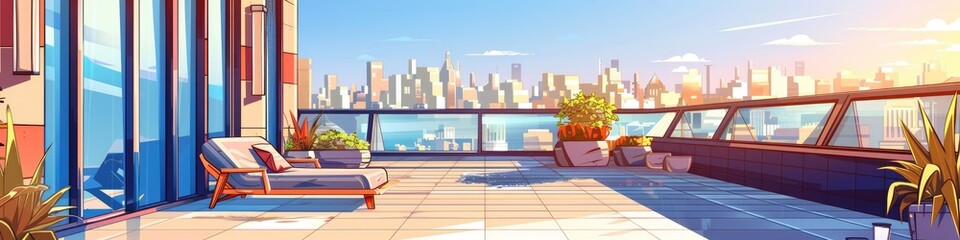 Fototapeta premium Panoramic view of the roof terrace overlooking the city. Cartoon illustration.
