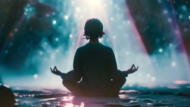 A person in a yoga pose, meditating in silhouette. Against the cosmic backdrop, pure and quiet. fusing the energy of the universe with peace.