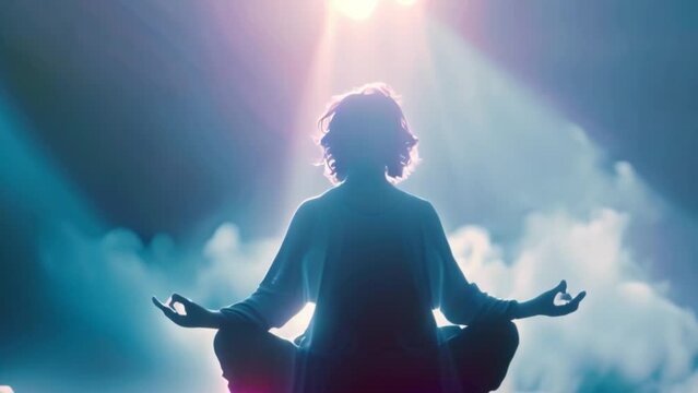 A yoga practitioner in a calm and spiritual environment, meditating in the lotus position while in silhouette