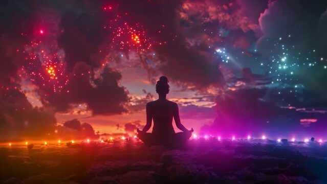 A yoga practitioner In silhouette, meditating meditating in a lotus pose with a peaceful and spiritual vibe