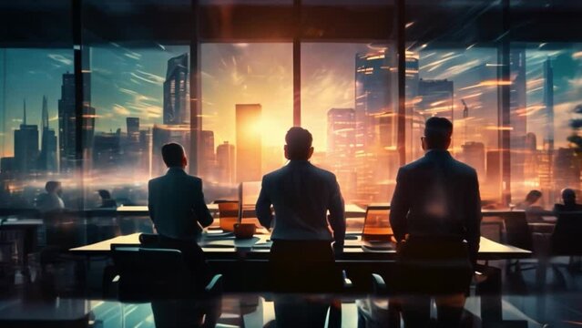 A group of businesspeople in a contemporary office building with a business network concept. People and resources. assemblage of businesspeople Approach to management
