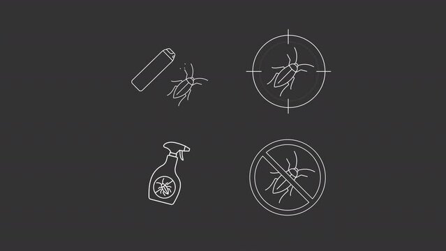 Animated pest service white icons. Insects repellent line animation library. Spraying bug spray. Crosshair focusing. Isolated illustrations on dark background. Transition alpha. HD video. Icon pack