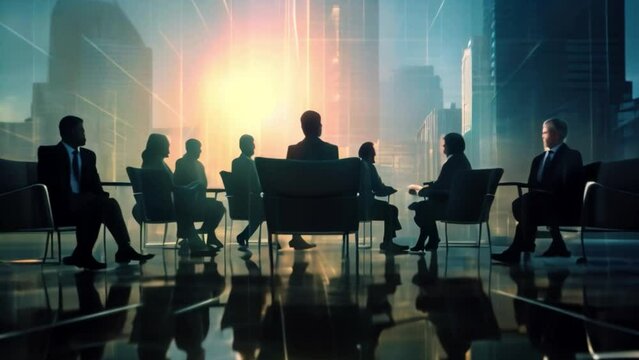 Silhouettes of a group of businesspeople in a contemporary office building with a business network concept. People and resources. assemblage of businesspeople Approach to management