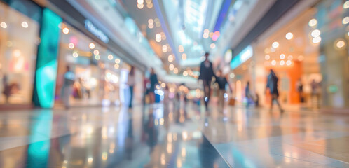 Motion Blur of Shoppers Walking in a Modern Shopping Mall