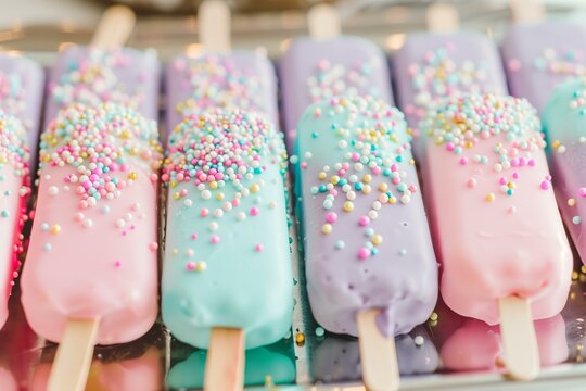  tray of elegant pastel-colored mini cakesicles arranged neatly on a mirrored surface