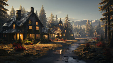 Obraz premium A Beautiful Landscape Of The Peaceful Village With Mountains and Mud Pathway Background