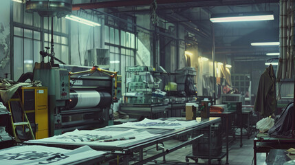 Fototapeta premium Manufacturing Process of T-Shirts with Printing Machine in Factory
