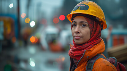 Hijabi woman in construction gear, including helmet and safety clothes, with a background of construction site activity