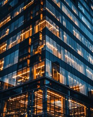 Fototapeta premium An office building exterior at night, illuminated with lights shining from the windows, creating a warm and inviting atmosphere