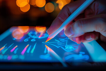 Closeup of a hand signing a digital document on a tablet from a side view for business. Signing Digital