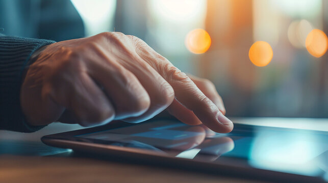 Closeup of a hand scrolling on a tablet from a side view for business. Tablet Business