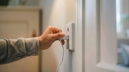 someone is plugging in to a wall with a white electrical outlet
