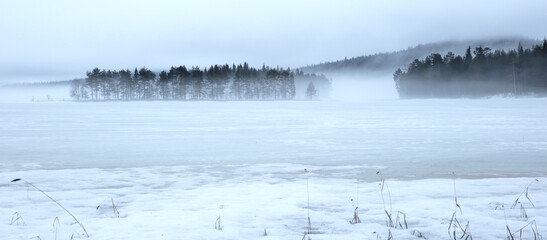 Small island in a Finnish lake, covered in myst