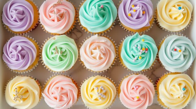 box of beautifully decorated cupcakes, each topped with swirls of pastel-colored buttercream frosting in shades of pink, purple, blue, yellow, and green,  with small pearl sprinkles