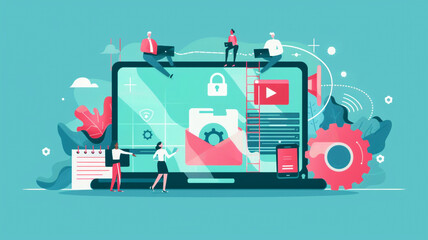 People gathered around laptop with video